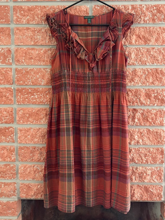 Ralph Lauren Dresses & Skirts - Ralph Lauren Red Rust Plaid Ruffle V-Neck Dress